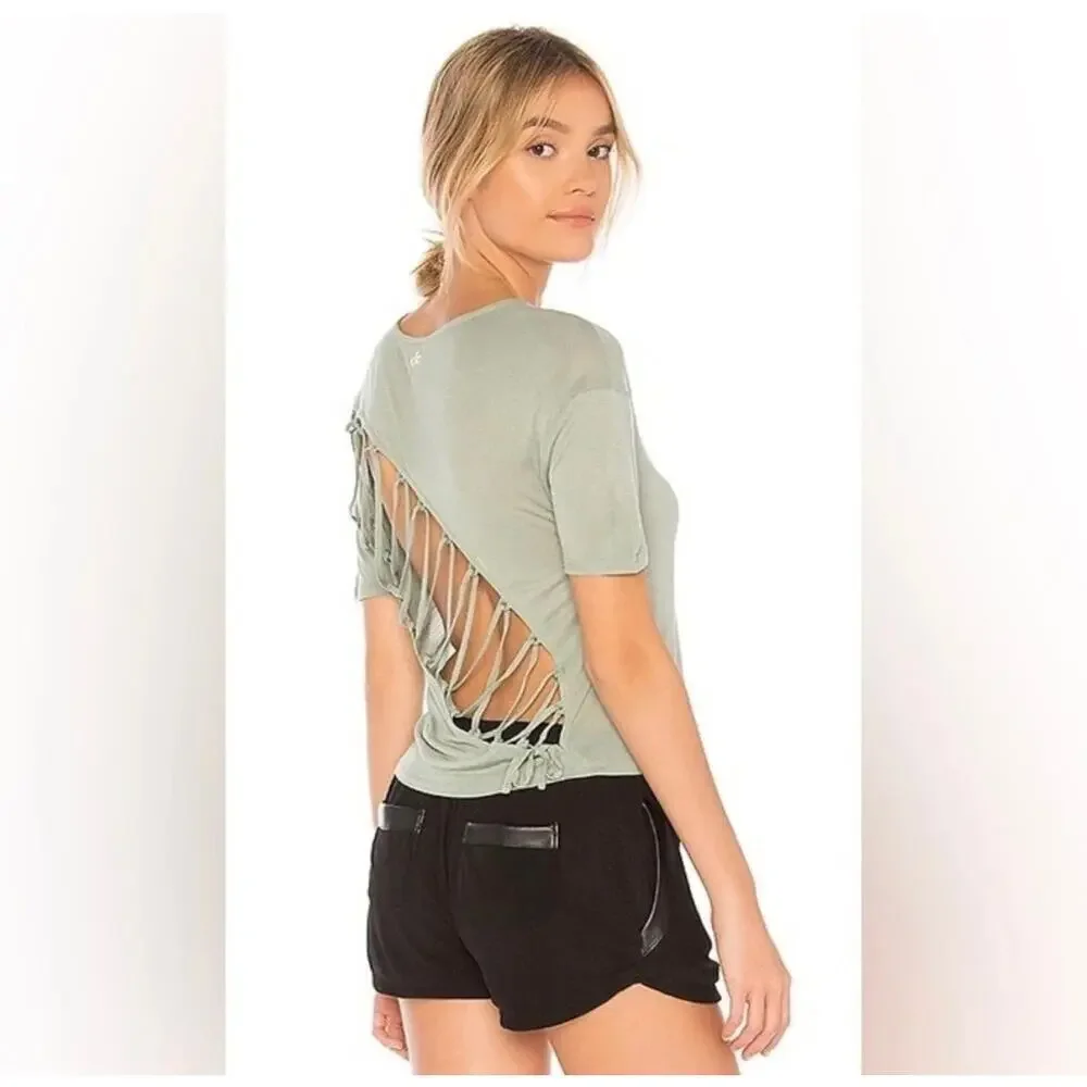 Alo Yoga Entwine Lace Back Short Sleeve Sage Green Top Size XS